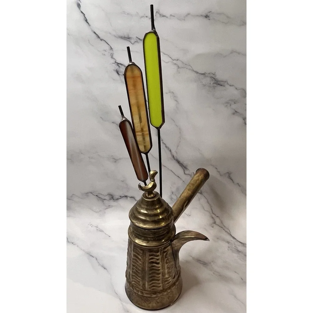 Vintage Brass Turkish Arabic Dallah Coffee Pot With Glass Embellishments Feather